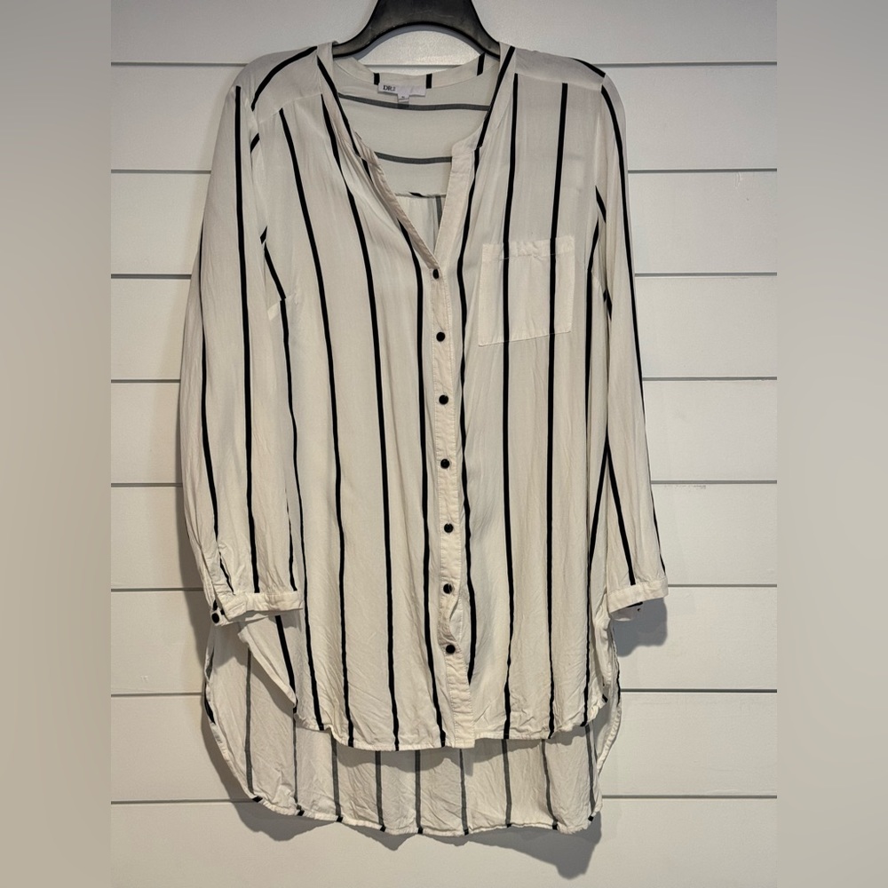 DR2 Women's 3/4 Sleeved Long Striped Tunic, White/Black, XLarge